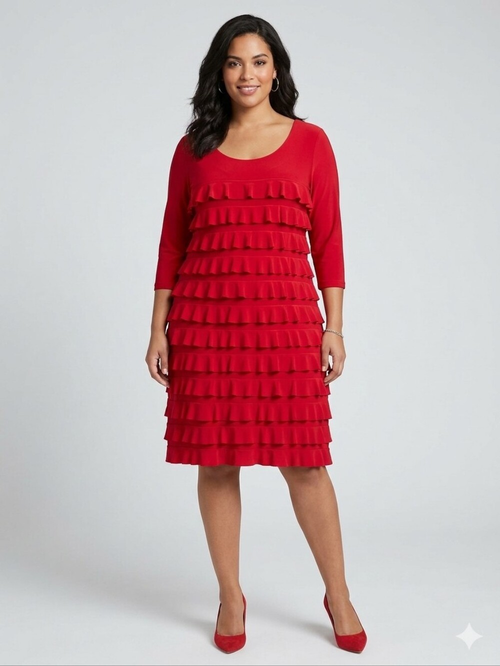 Frank Lyman Vtg Tiered Ruffle Dress Red 3/4 Sleeve Occasion Made In Canada 14